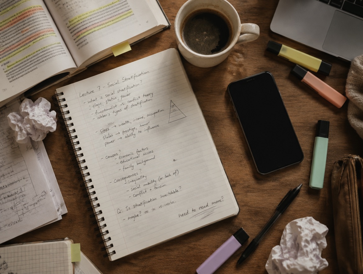 A cluttered desk mid-lecture with rushed handwritten notes, scattered highlighters, and a phone